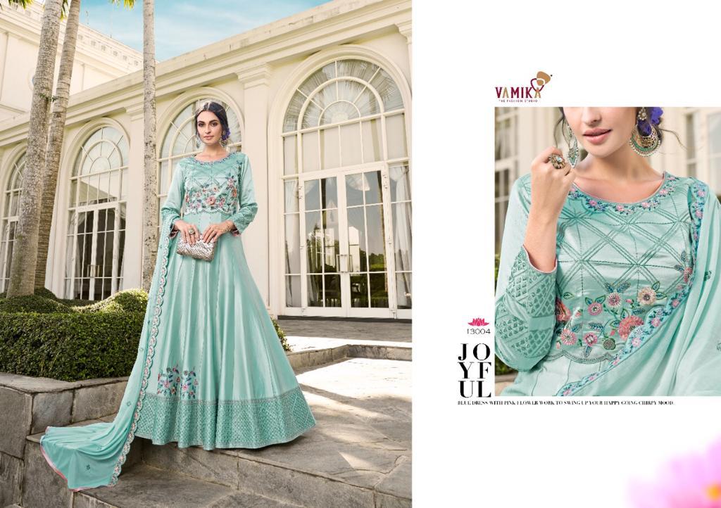 Vamika Elegant Designer Silk Embroidery Gown With Dupatta Catalaog