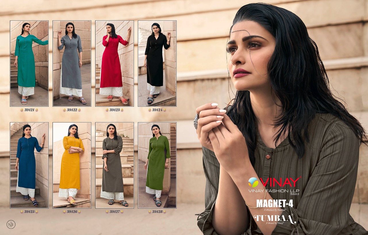 Vinay Tumbaa Magnet Vol  4 Rayon Designer Kurti With Plazoo Catalog