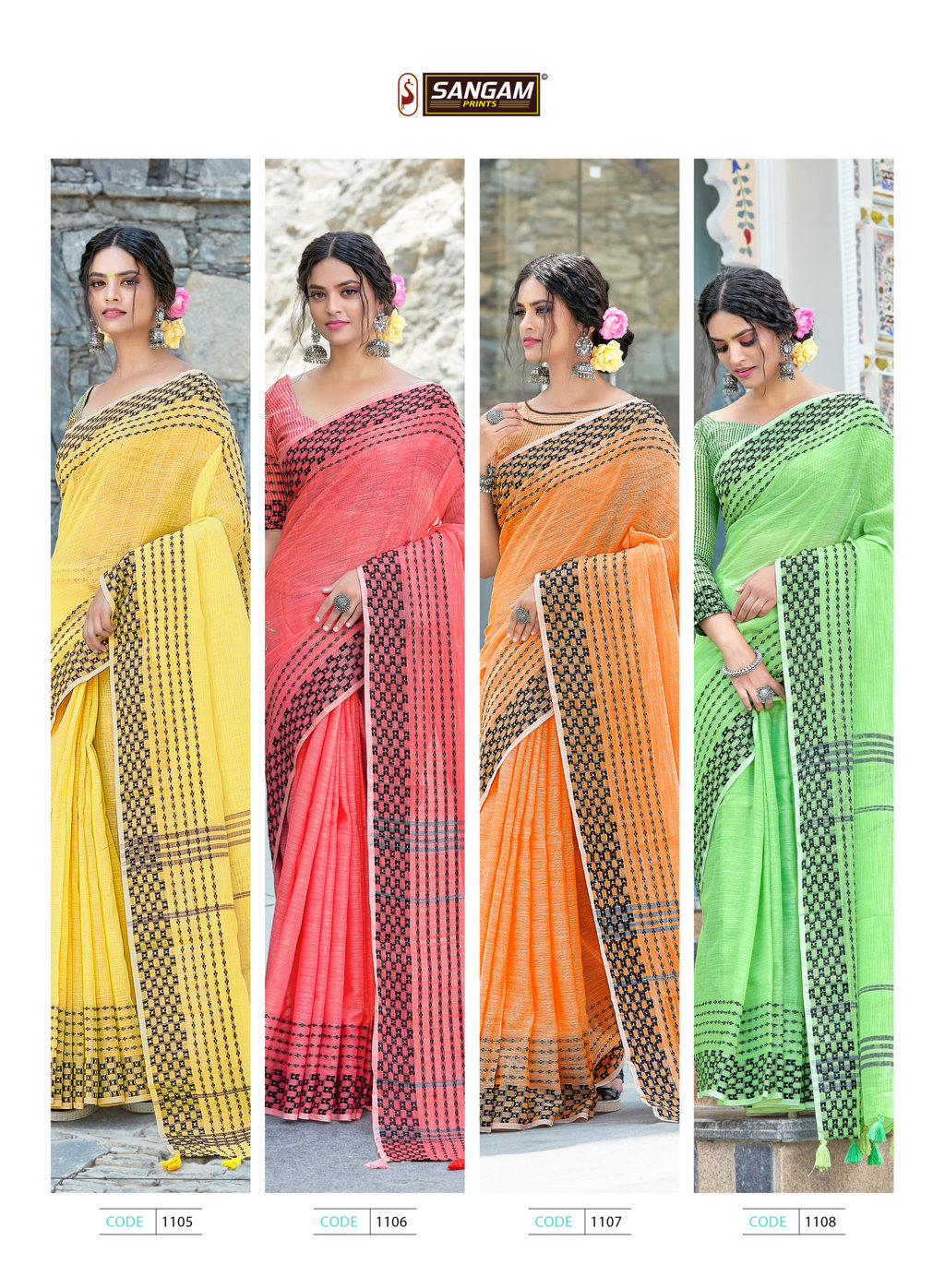 Sangam Rangeen Linen With Thread Work Sarees