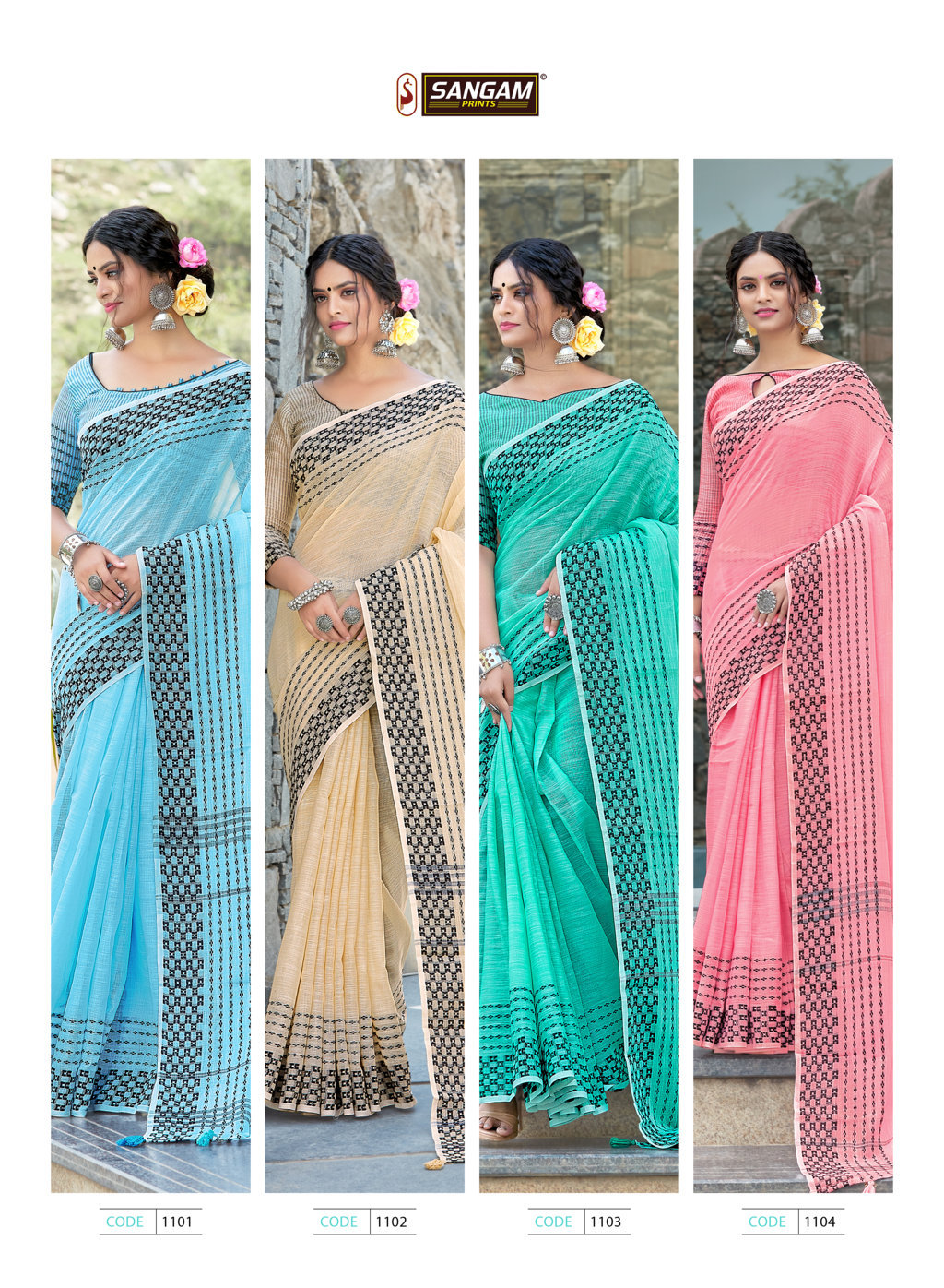 Sangam Rangeen Linen With Thread Work Sarees