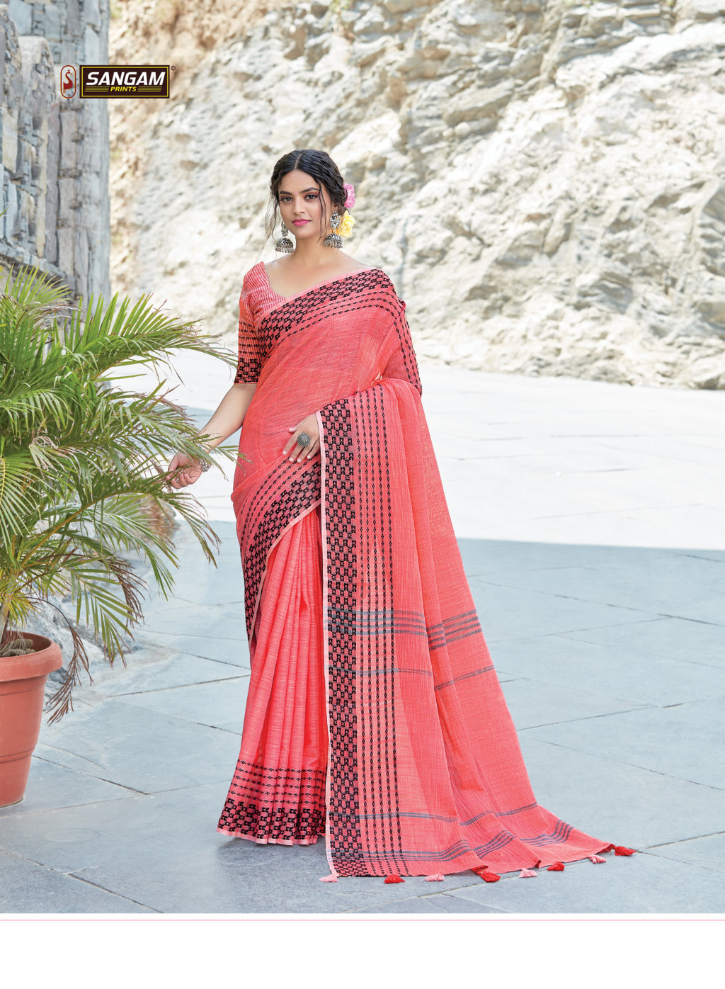 Sangam Rangeen Linen With Thread Work Sarees