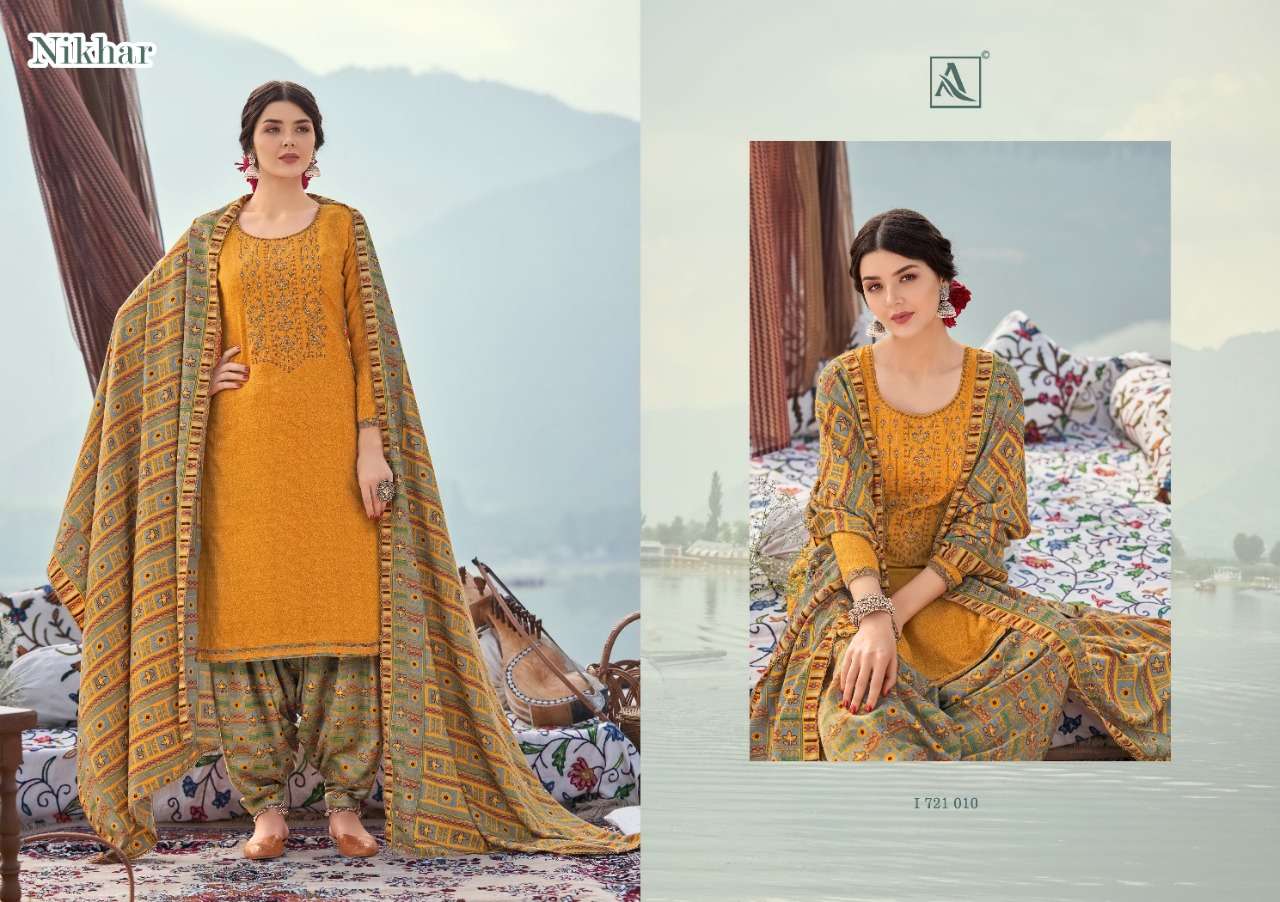 Alok  Nikhar Pashmina Self Print With Embroidery Dress Material Catalog