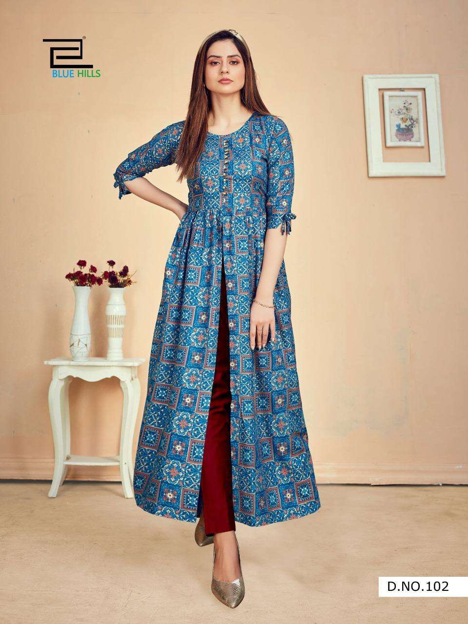 Blue Hills Calender Vol 5 Rayon 14 Kg Foil Print Anarkali Kurtis Catalog