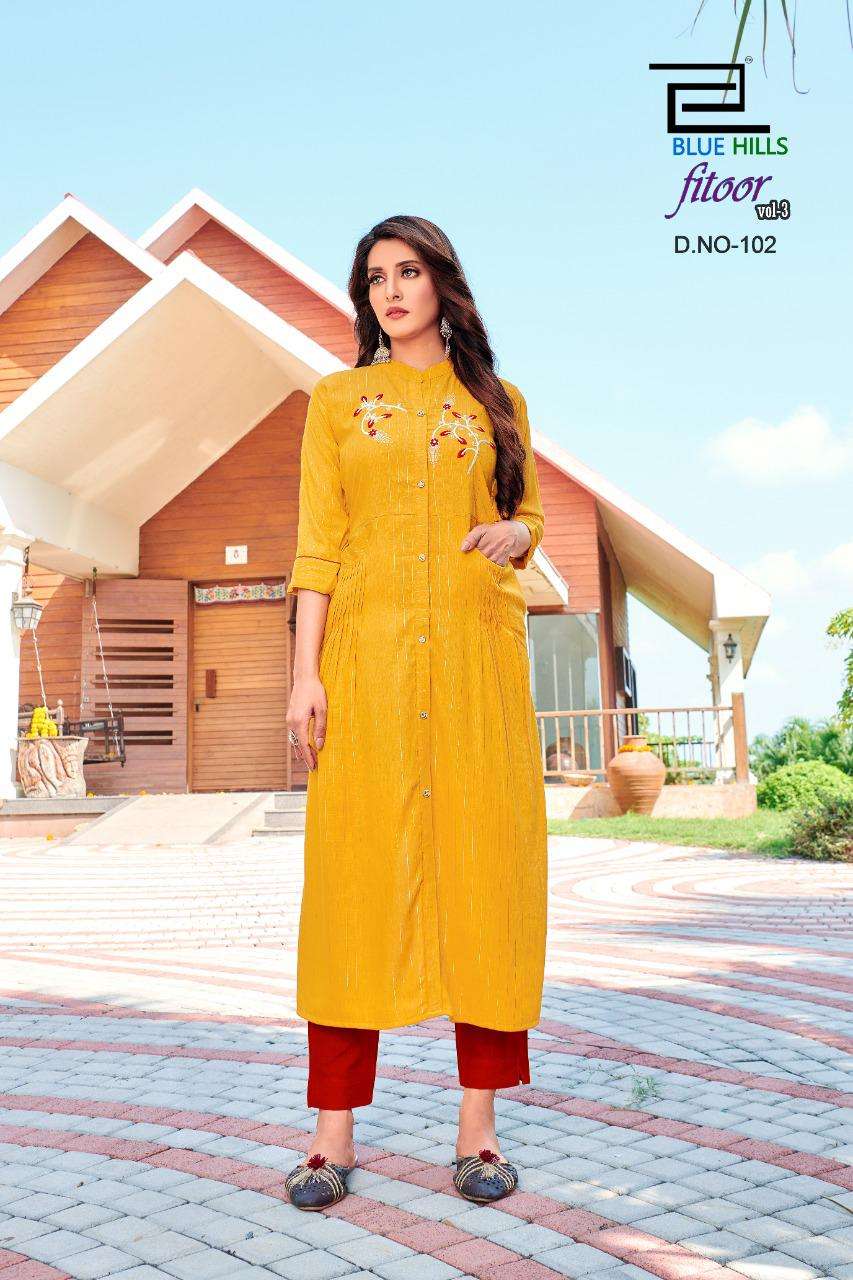 Blue Hills Fitoor Vol-3 Rayon Lurex  Long Straight Kurti With Double Pocket Catalog