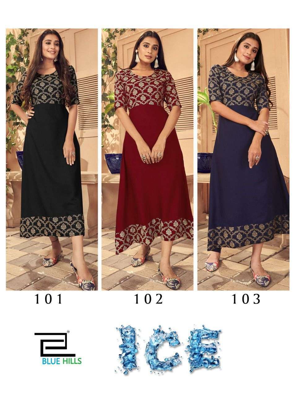 Blue Hills Ice Rayon Print Long Gown Style Kurti Catalog
