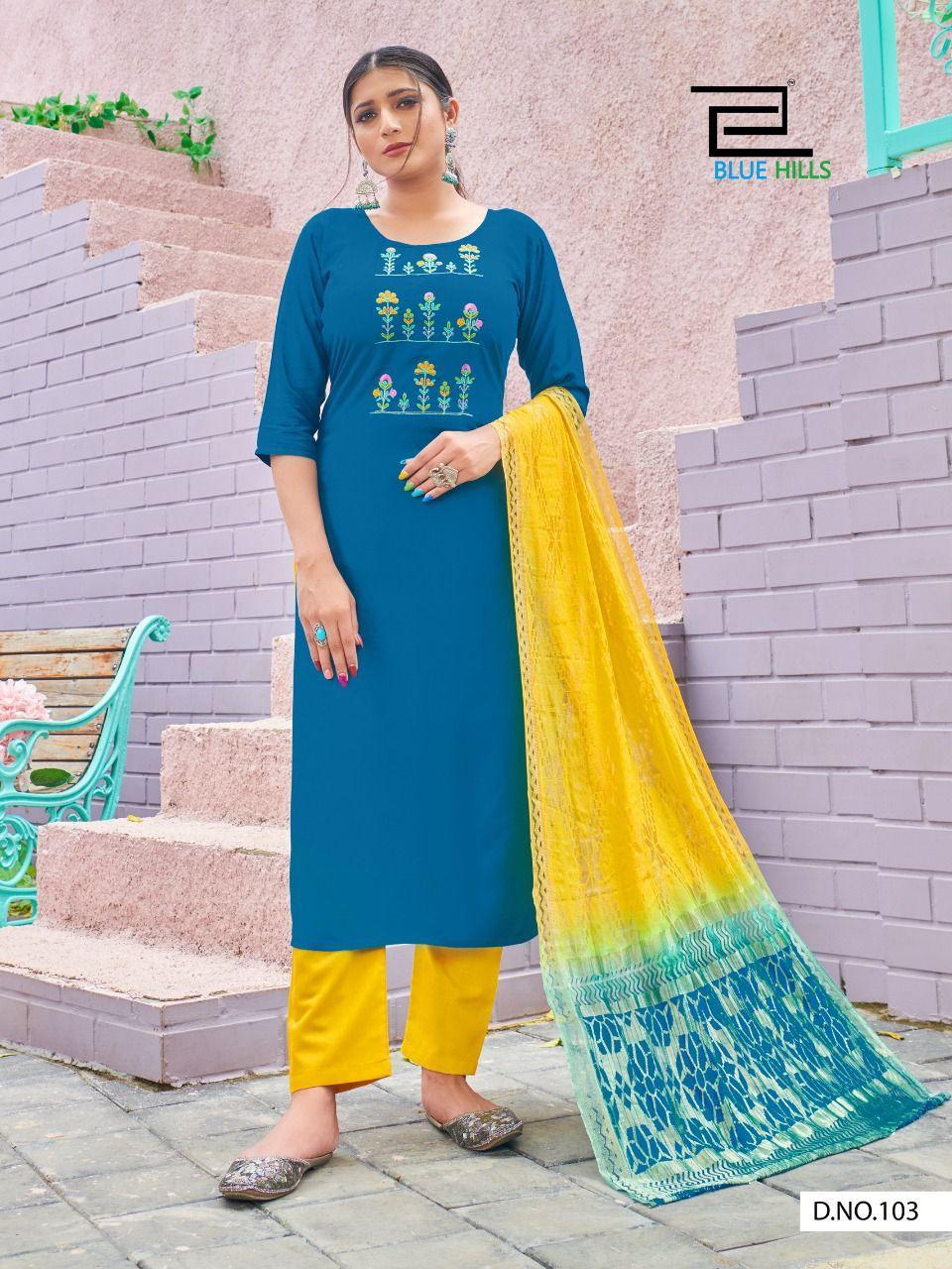 Blue Hills New Generation Designer Ready Made Buy  Women's Rayon Printed Kurti With Bottom And Dupatta