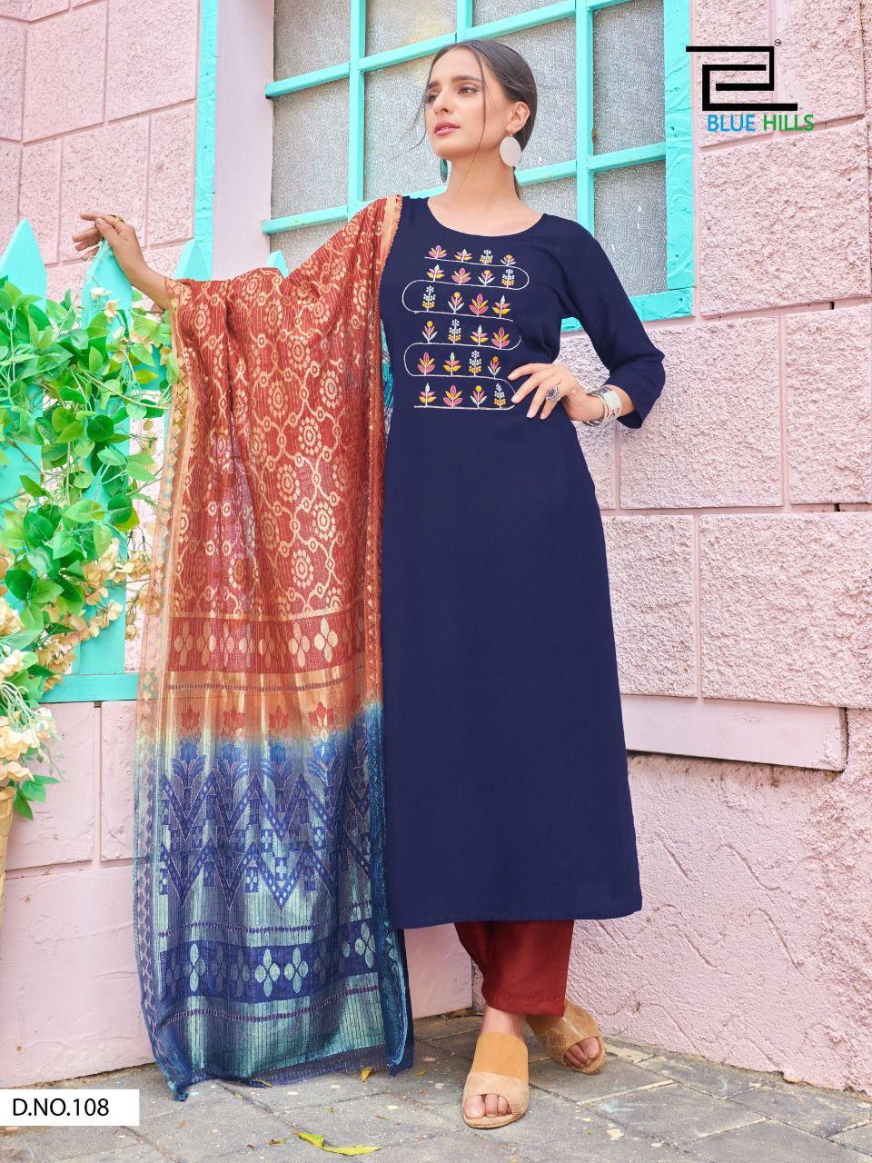 Blue Hills New Generation Designer Ready Made Buy  Women's Rayon Printed Kurti With Bottom And Dupatta