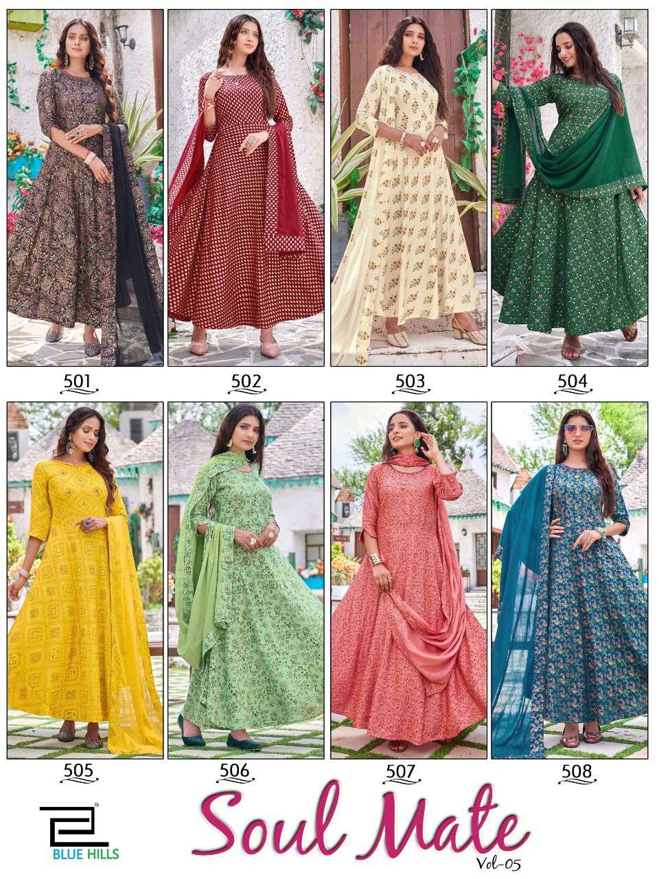 Blue Hills Soulmate Vol 5 Rayon Classic Foil Print Kurtis With Dupatta Catalog