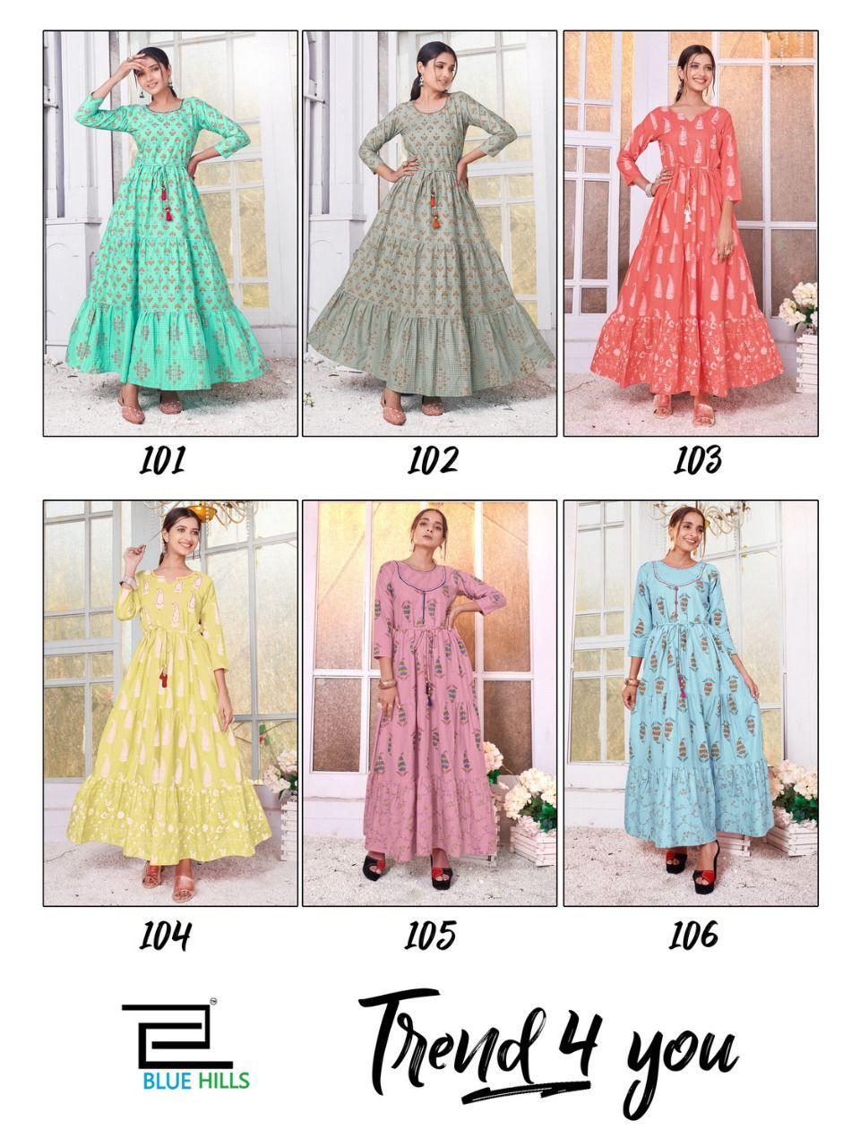 Blue Hills Trend 4 You Designer Long Gown Style Kurti Catalog