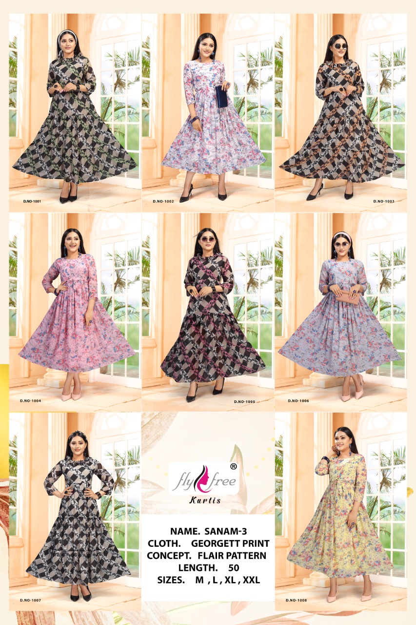 Fly Free  Sanam Vol 3 Wholesale Long  Georgette Kurtis Catalog
