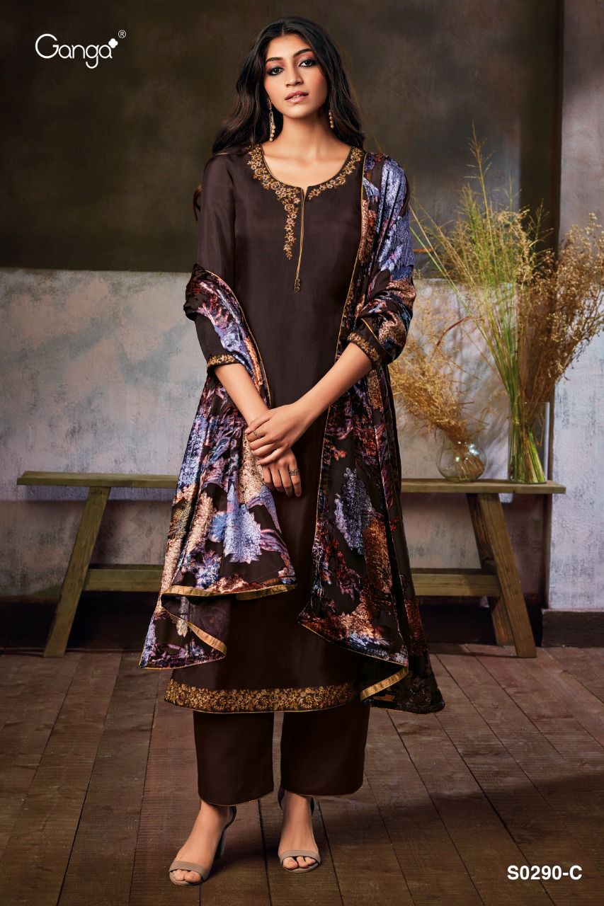 Ganga Zumkha 290 Four Habutai Silk Embroidery Work Suit Catalog