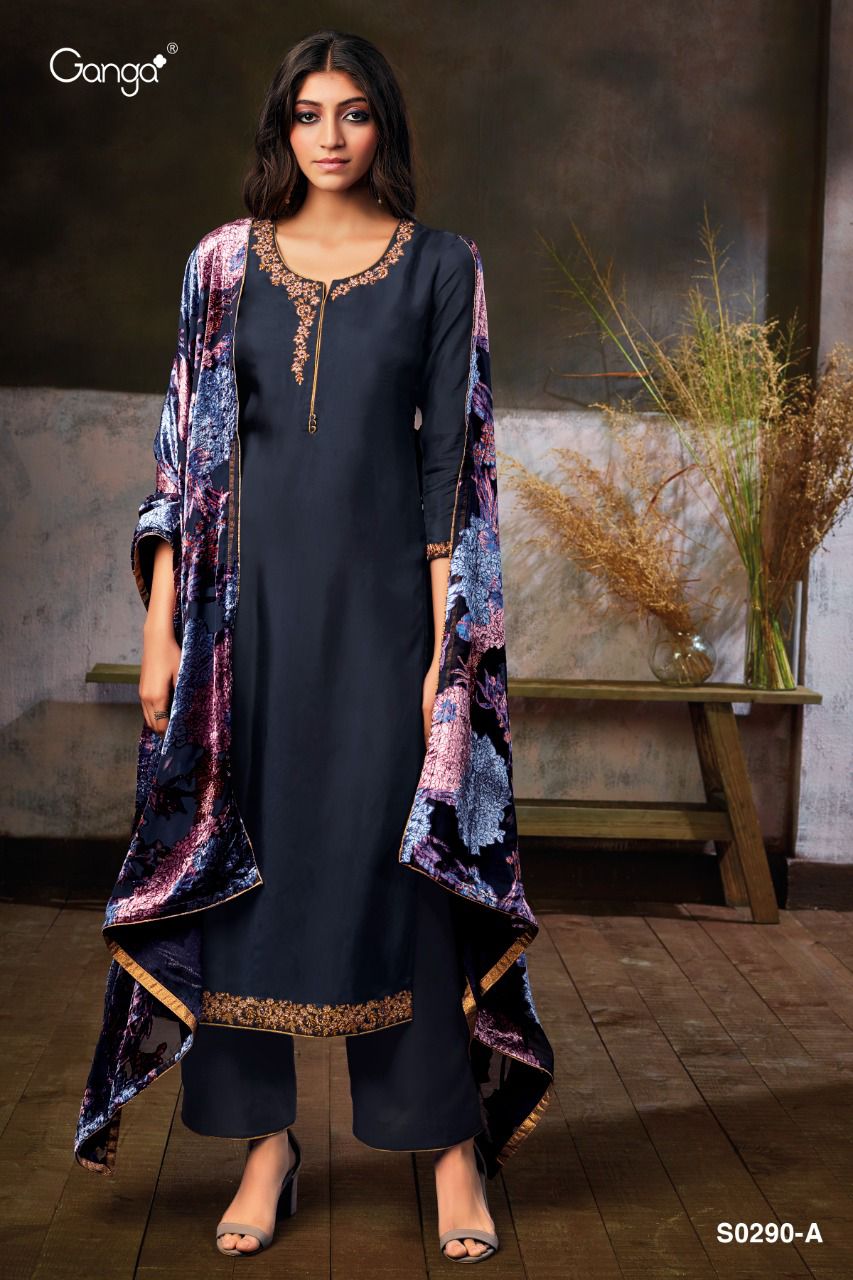Ganga Zumkha 290 Four Habutai Silk Embroidery Work Suit Catalog