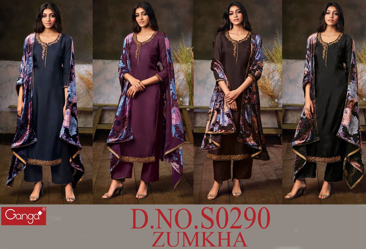 Ganga Zumkha 290 Four Habutai Silk Embroidery Work Suit Catalog