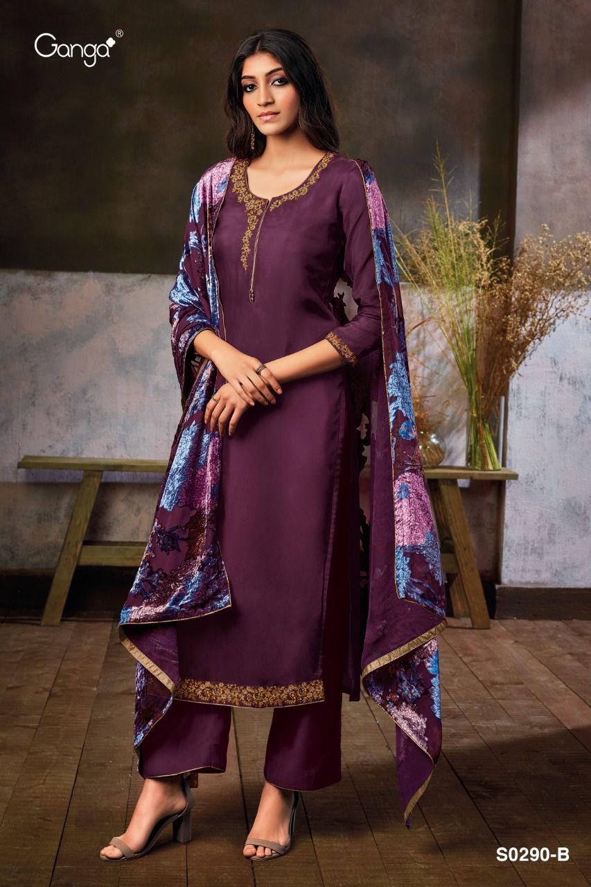 Ganga Zumkha 290 Four Habutai Silk Embroidery Work Suit Catalog