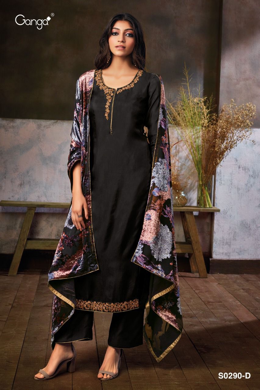 Ganga Zumkha 290 Four Habutai Silk Embroidery Work Suit Catalog