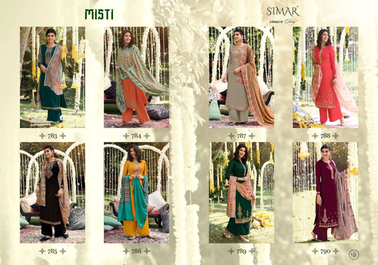 Glossy Simar Misti Silk Pashmina With Fine Embroidered Salwar Suit Catalog