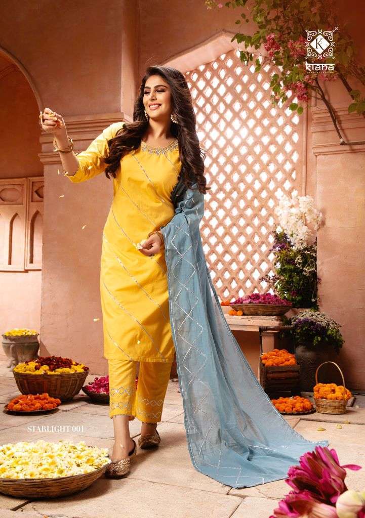 Kiana Starlight Heavy Rayon With Lace Pati Work Kurtis With Bottom And Dupatta Catalog