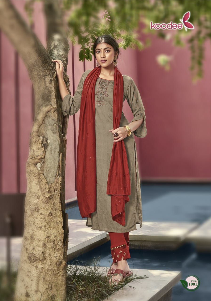 Koodee Renu  Vol 1 Festive Wear Nylon Ready-made  Kurti Pant Set With Dupatta  Catalog