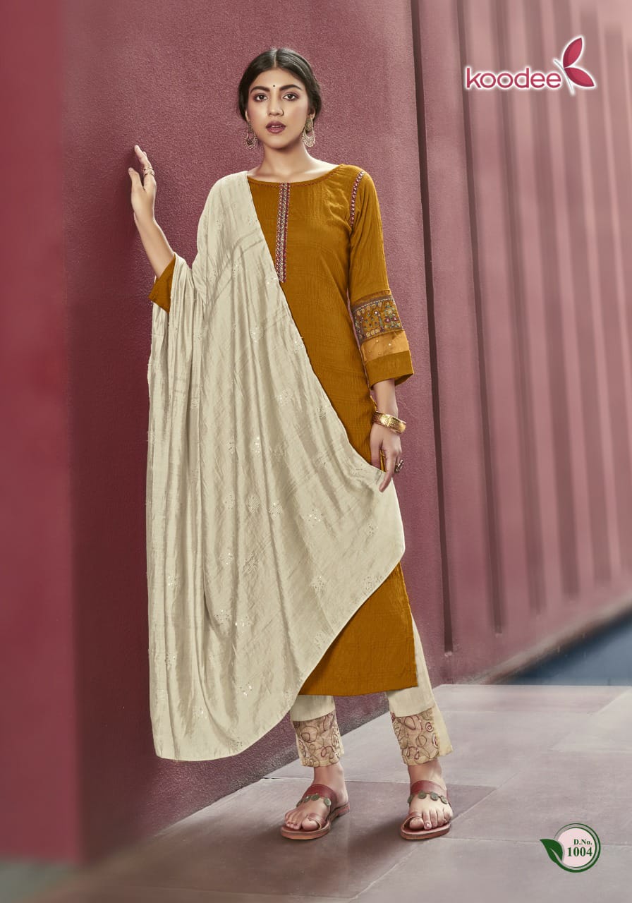 Koodee Renu  Vol 1 Festive Wear Nylon Ready-made  Kurti Pant Set With Dupatta  Catalog