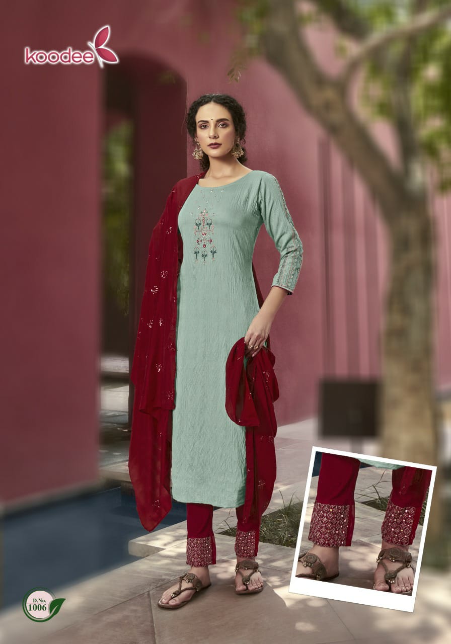 Koodee Renu  Vol 1 Festive Wear Nylon Ready-made  Kurti Pant Set With Dupatta  Catalog