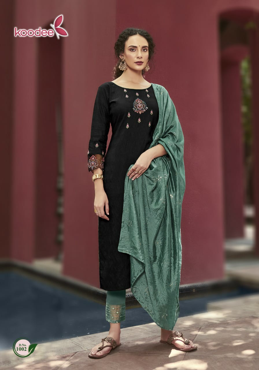 Koodee Renu  Vol 1 Festive Wear Nylon Ready-made  Kurti Pant Set With Dupatta  Catalog