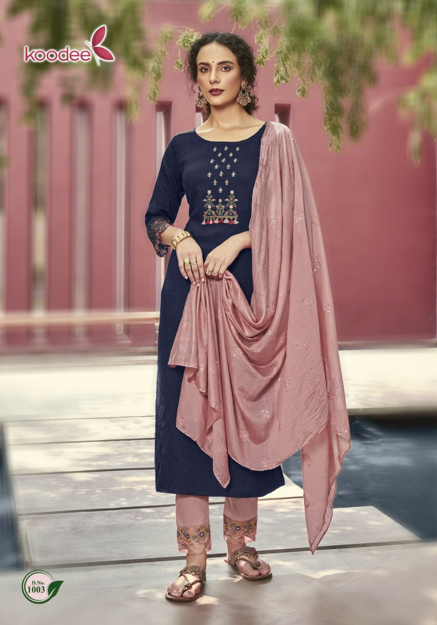 Koodee Renu  Vol 1 Festive Wear Nylon Ready-made  Kurti Pant Set With Dupatta  Catalog