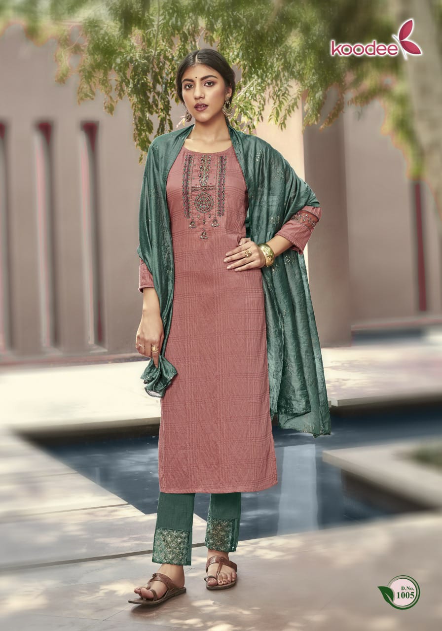 Koodee Renu  Vol 1 Festive Wear Nylon Ready-made  Kurti Pant Set With Dupatta  Catalog
