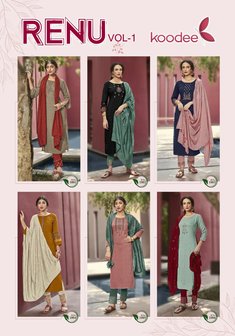 Koodee Renu  Vol 1 Festive Wear Nylon Ready-made  Kurti Pant Set With Dupatta  Catalog