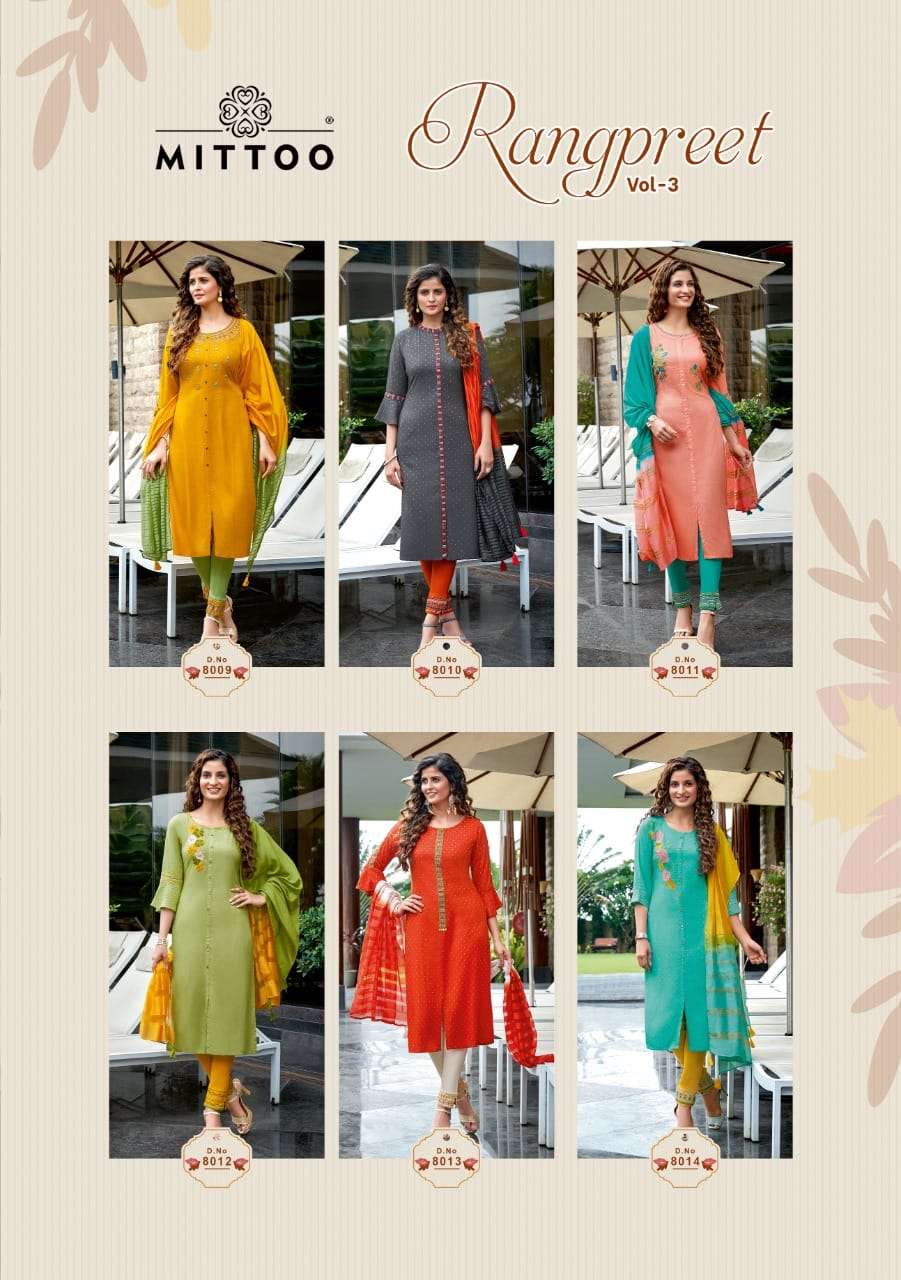 Mittoo  Rangpreet Vol-3 Viscose Jacquard Butti Top With Bottom And Dupatta Catalog