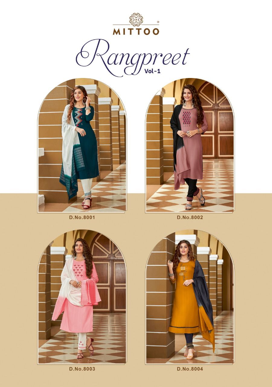 Mittoo Rangpreet Vol  1 Rayon Designer Embroidery Readymade Kurti Catalog