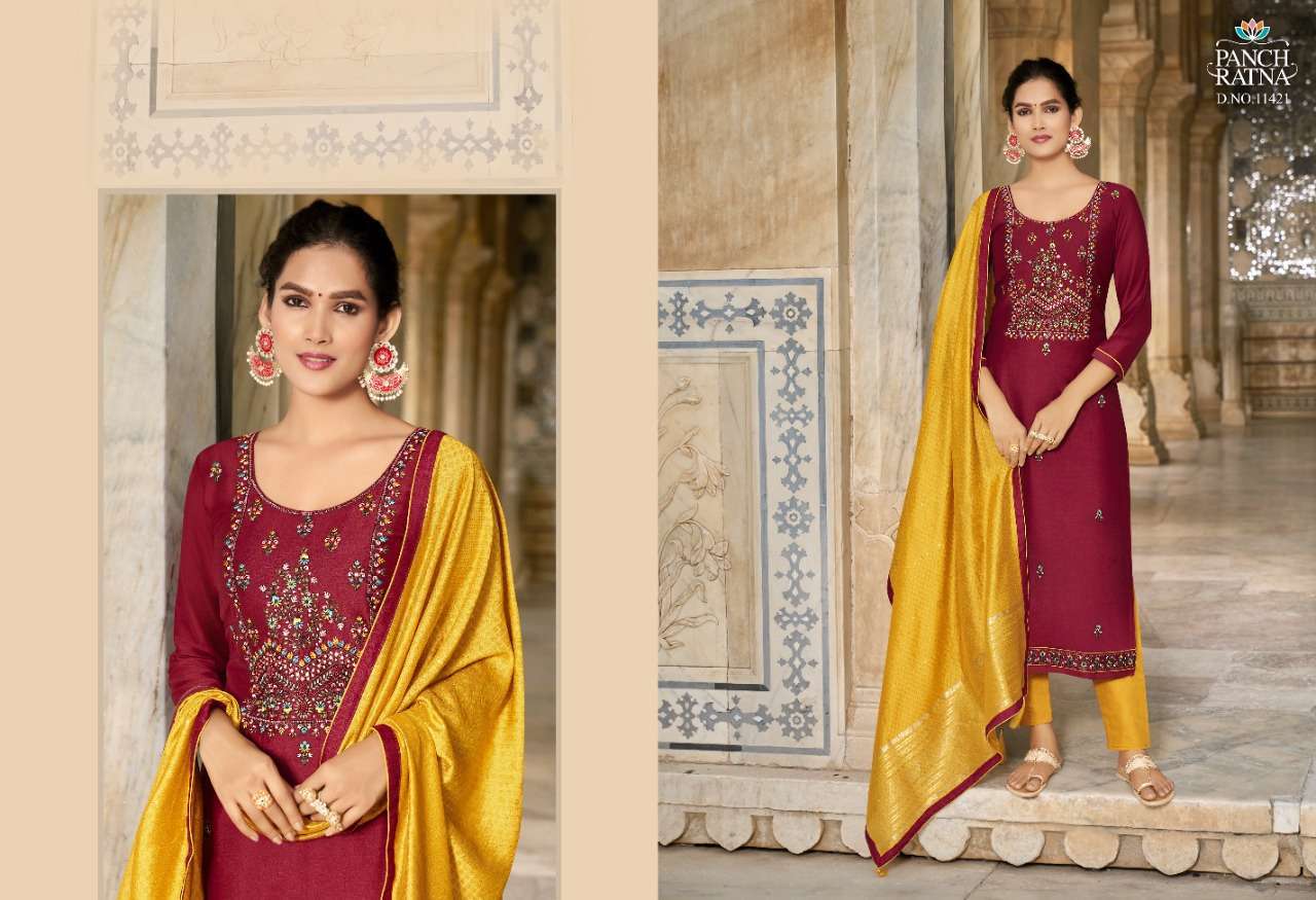 Panch Ratna Aaradhna Silk With Kantha Work Dress Material Catalog