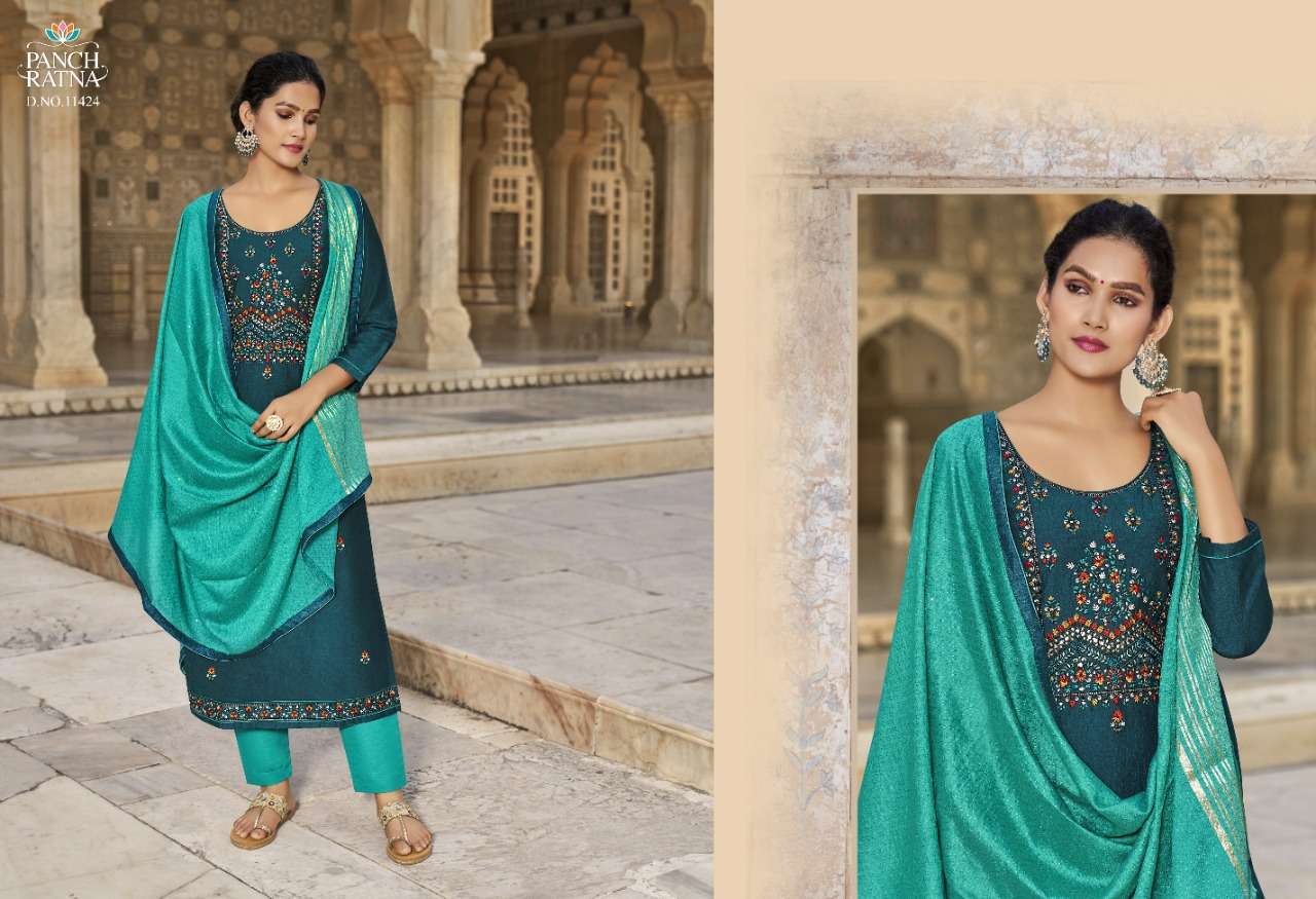 Panch Ratna Aaradhna Silk With Kantha Work Dress Material Catalog