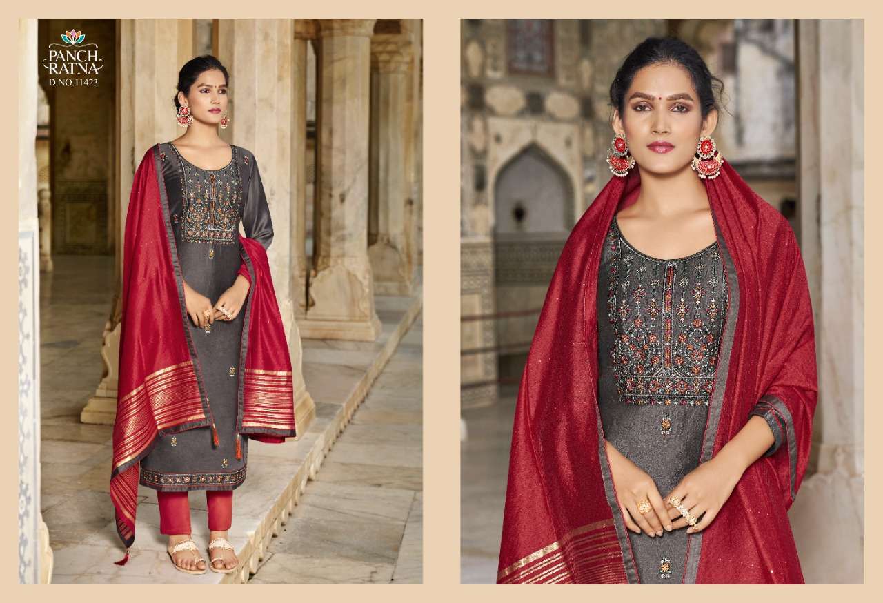 Panch Ratna Aaradhna Silk With Kantha Work Dress Material Catalog
