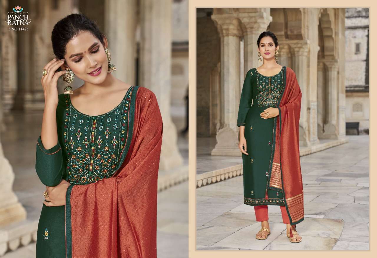 Panch Ratna Aaradhna Silk With Kantha Work Dress Material Catalog