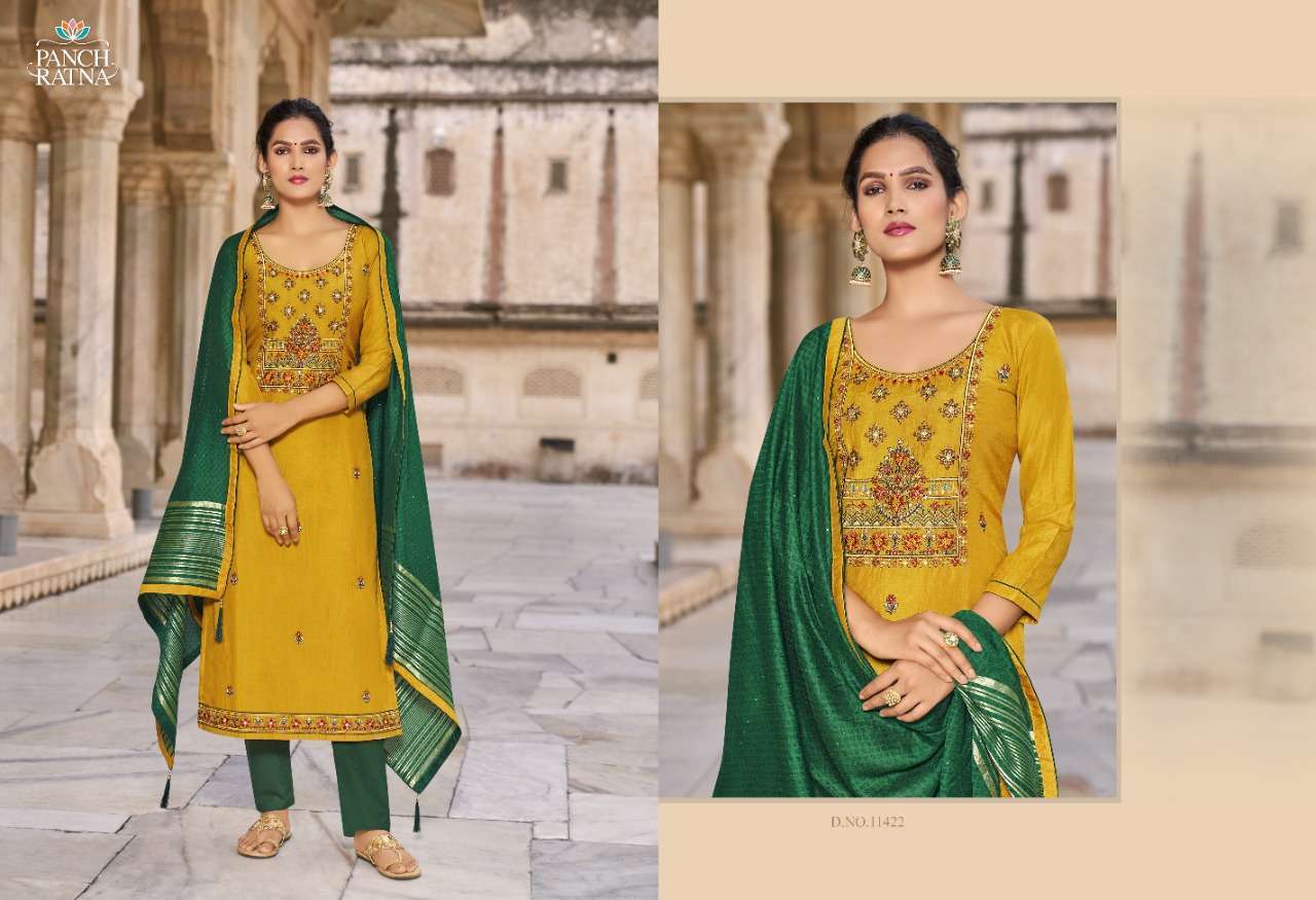 Panch Ratna Aaradhna Silk With Kantha Work Dress Material Catalog