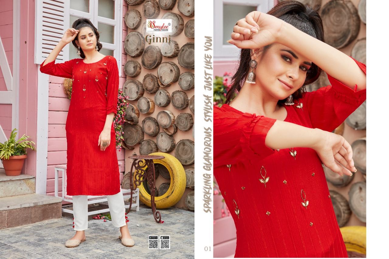 Smylee Ginni  Designer Rayon Kurti With Fancy  Hand Work Casual Kurtis For Ladies  Collection
