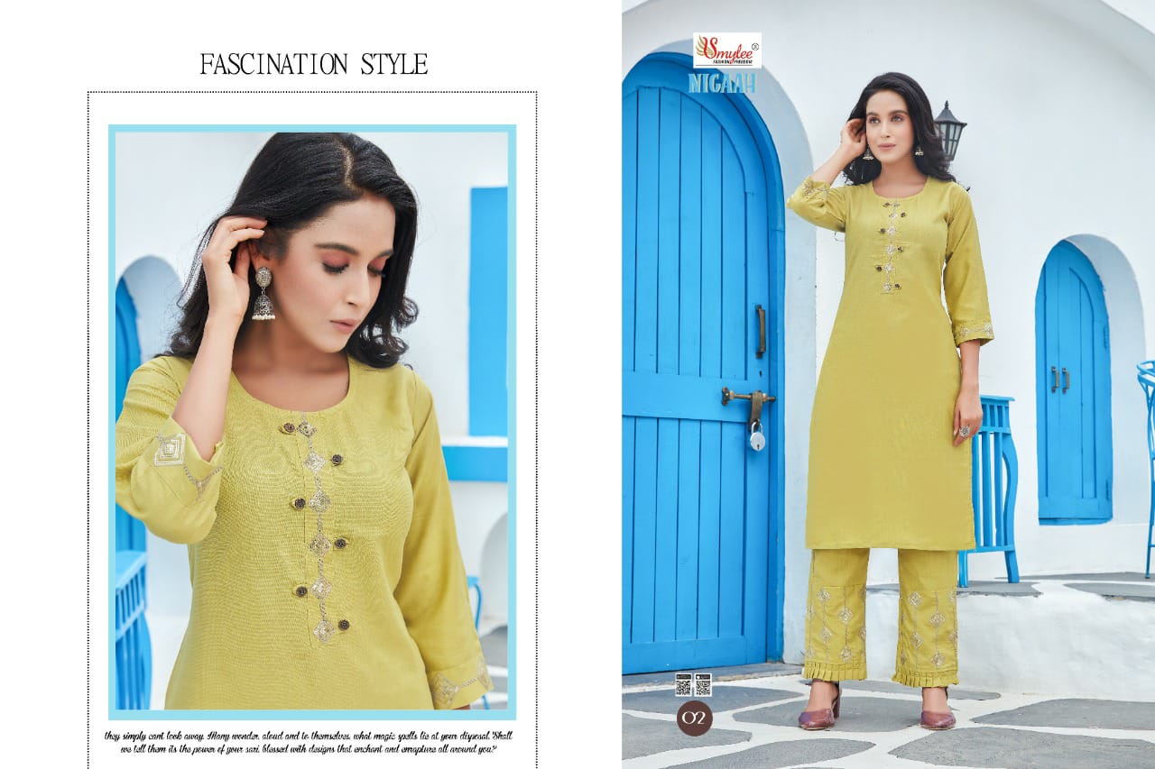 Smylee Nigaah Bombay Slub Sequence And Embroidered Kurti With Pant Catalog