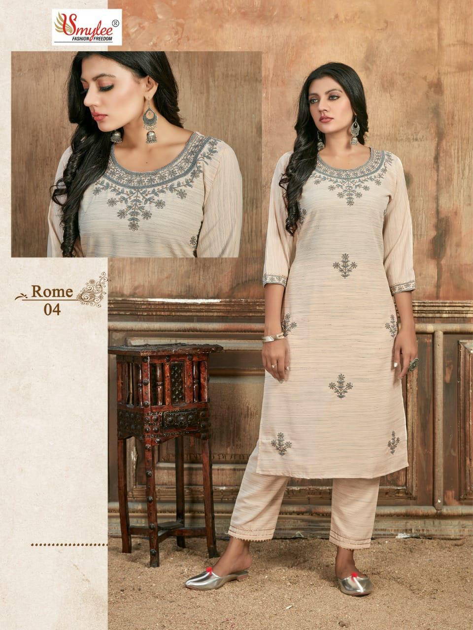 Smylee Rome Designer Rayon Embroidery Kurti With Pant Set Catalog