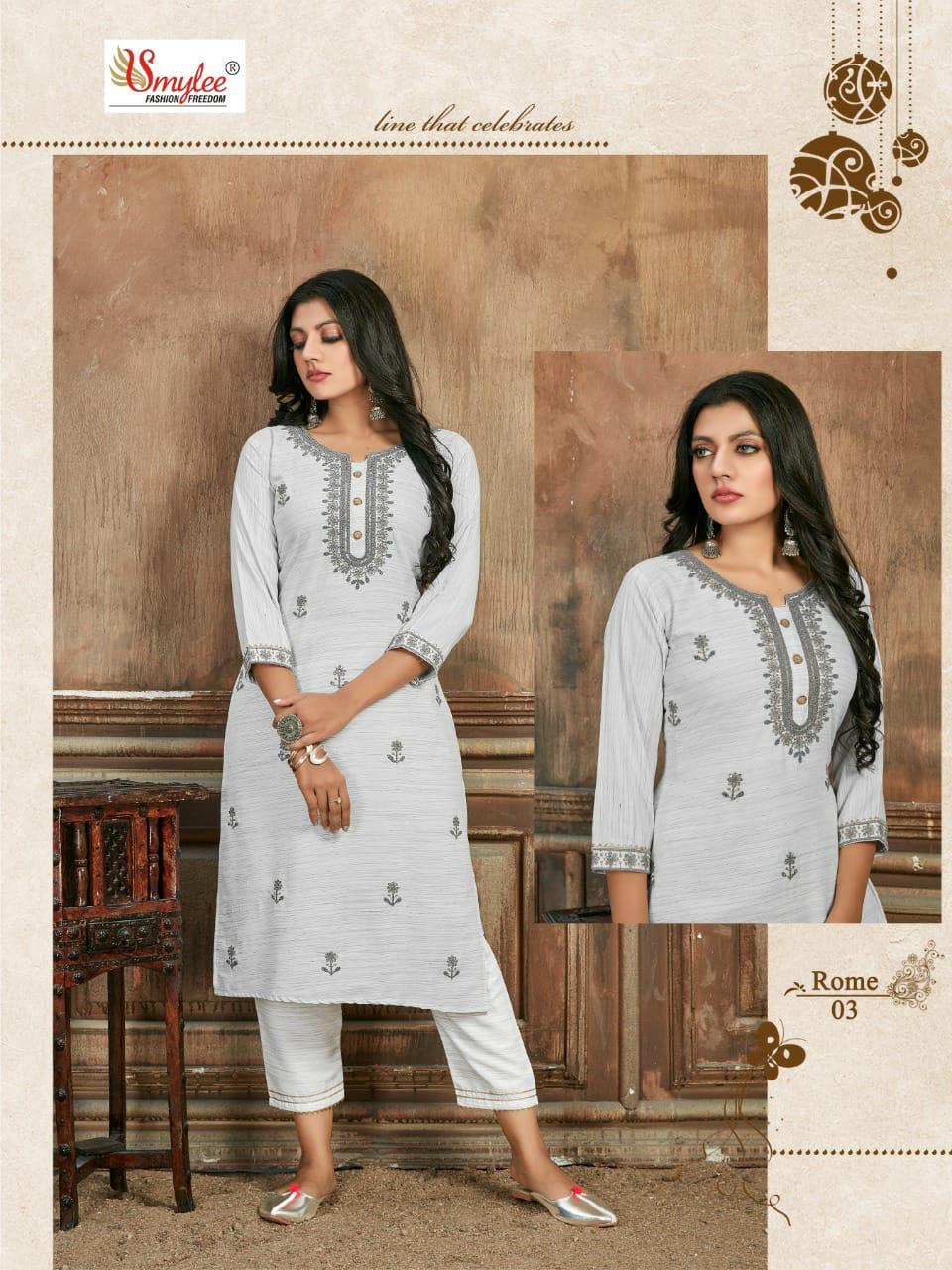 Smylee Rome Designer Rayon Embroidery Kurti With Pant Set Catalog