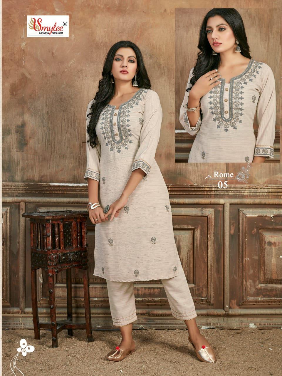 Smylee Rome Designer Rayon Embroidery Kurti With Pant Set Catalog