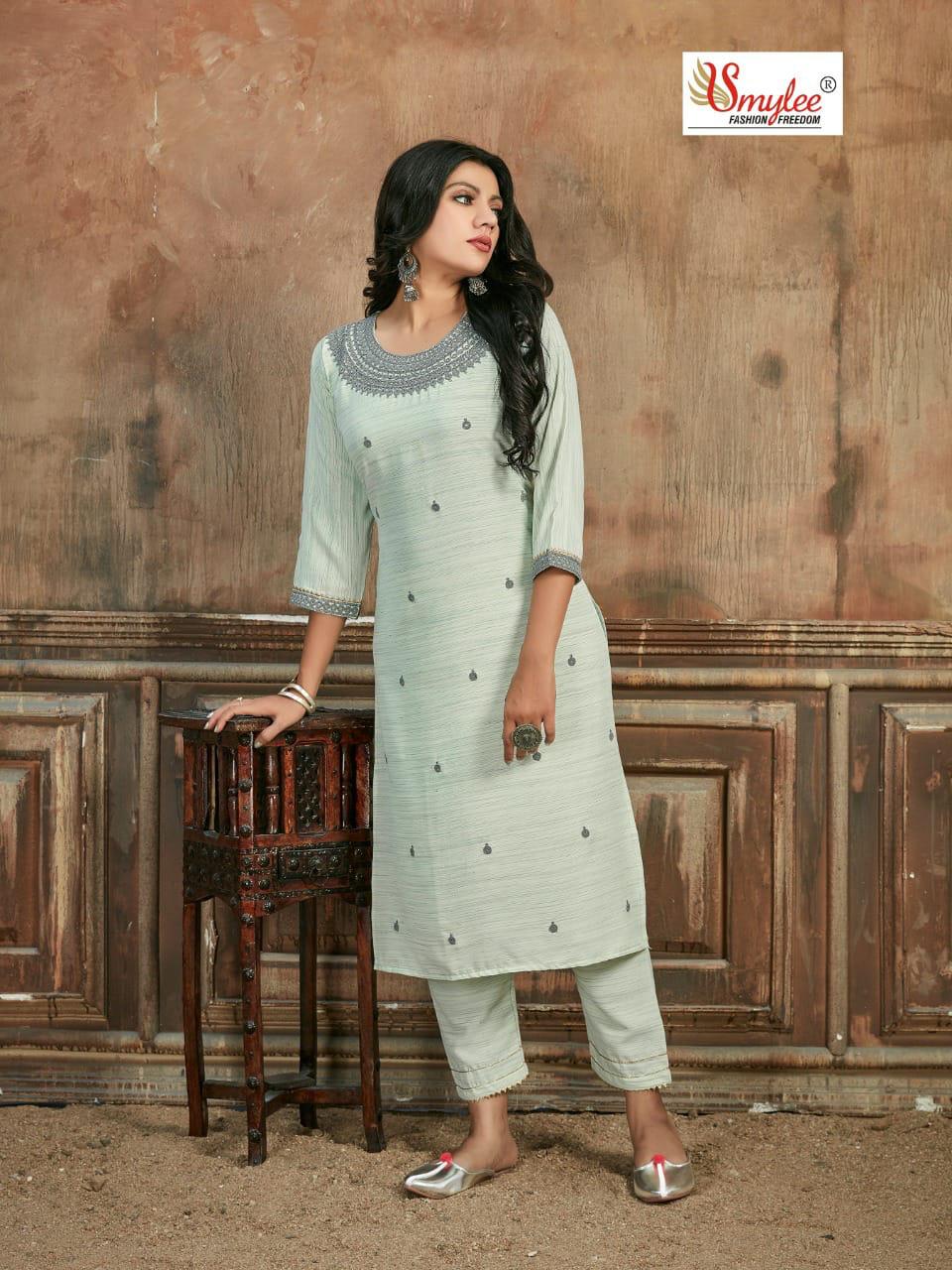 Smylee Rome Designer Rayon Embroidery Kurti With Pant Set Catalog