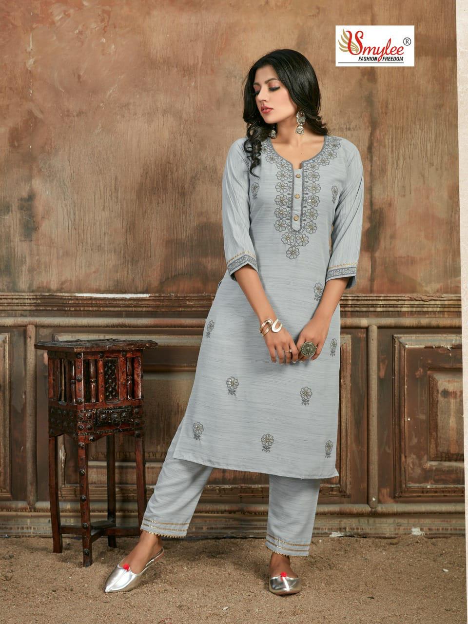 Smylee Rome Designer Rayon Embroidery Kurti With Pant Set Catalog