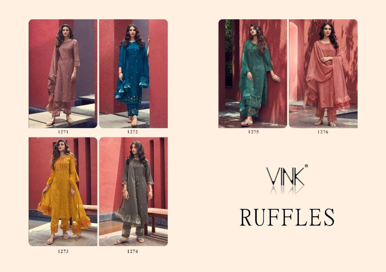 Vink Ruffles Silk With Hand Work Kurti With Pant Dupatta Catalog