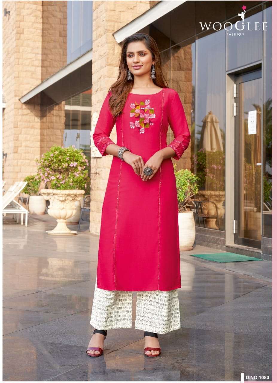 Wooglee Celebration Vol 12 Rayon Print With Embroidery Work Kurtis With Palzzo Catalog