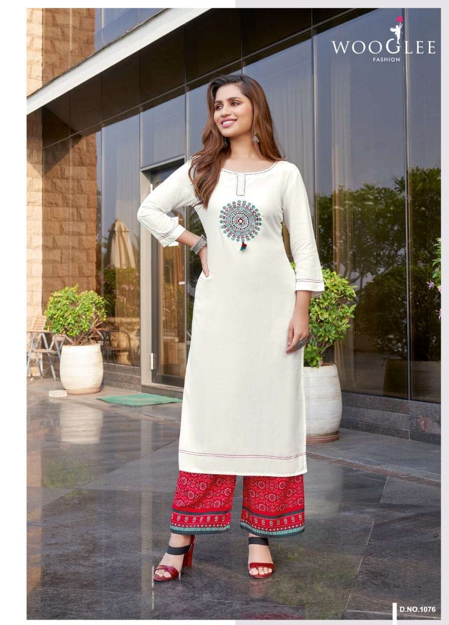 Wooglee Celebration Vol 12 Rayon Print With Embroidery Work Kurtis With Palzzo Catalog
