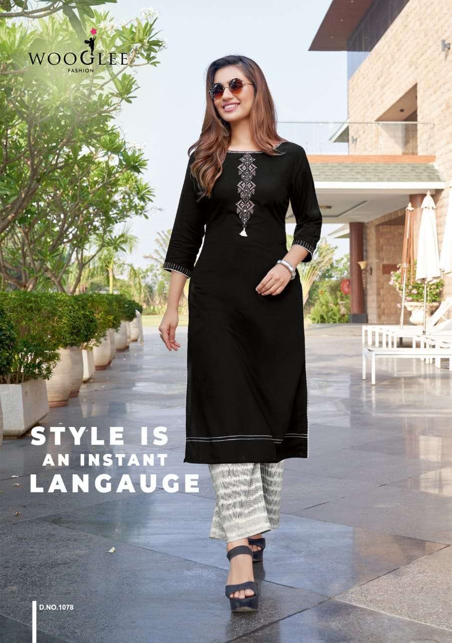 Wooglee Celebration Vol 12 Rayon Print With Embroidery Work Kurtis With Palzzo Catalog