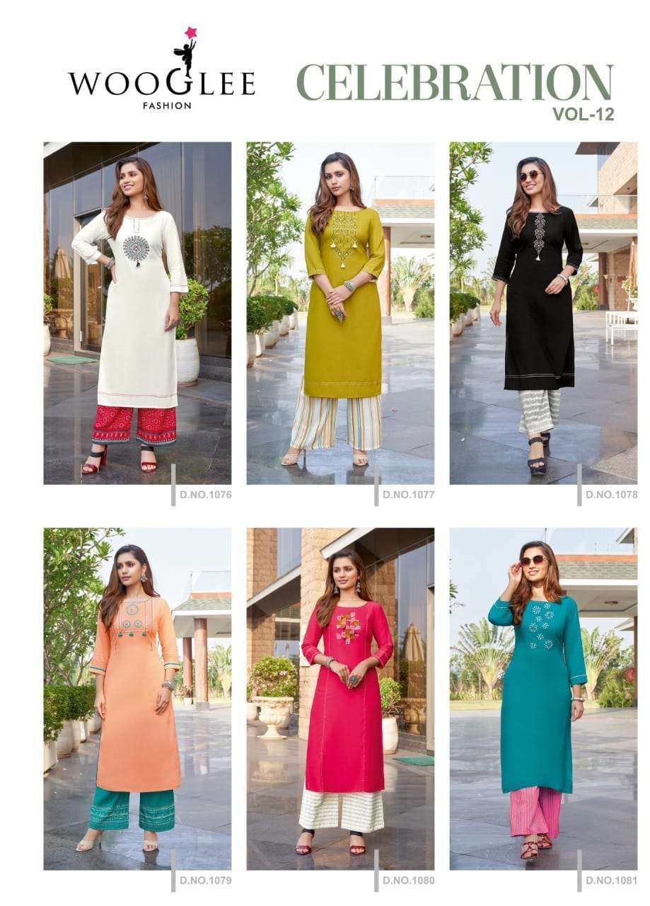 Wooglee Celebration Vol 12 Rayon Print With Embroidery Work Kurtis With Palzzo Catalog