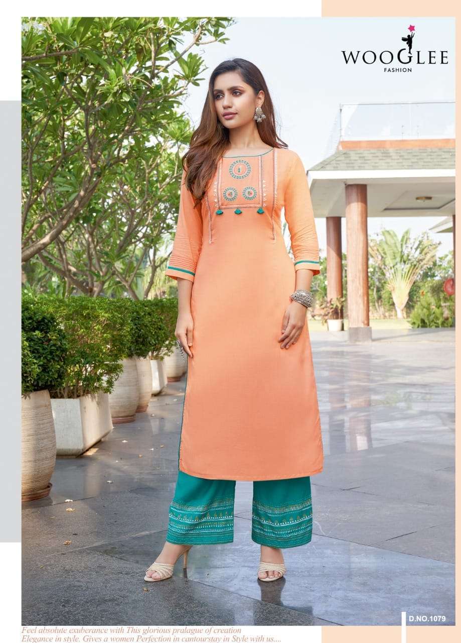 Wooglee Celebration Vol 12 Rayon Print With Embroidery Work Kurtis With Palzzo Catalog