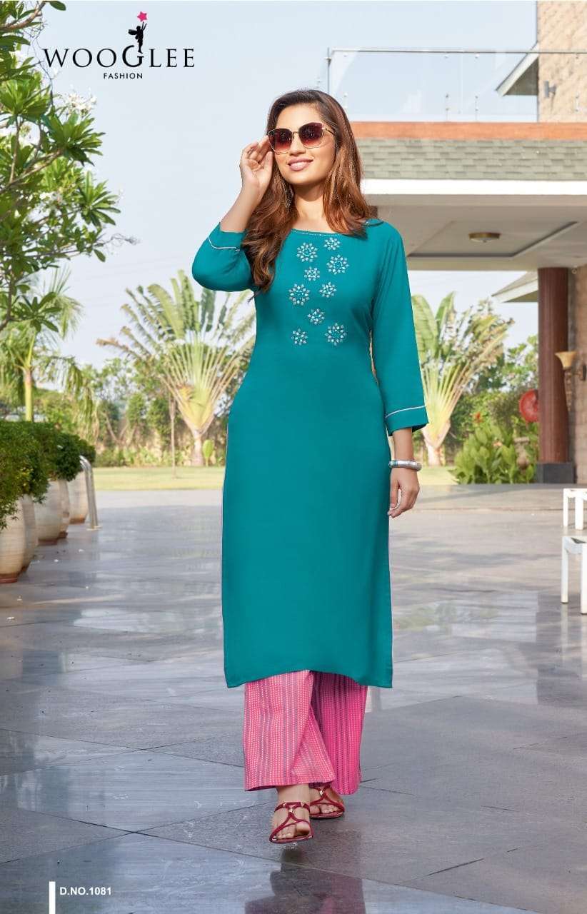 Wooglee Celebration Vol 12 Rayon Print With Embroidery Work Kurtis With Palzzo Catalog