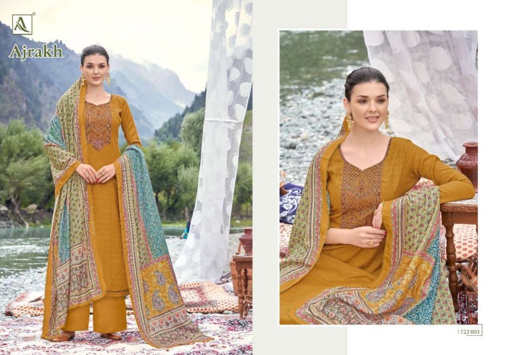 Alok Ajrak Pure Wool Pashmina Self Print With Work Dress Material Catalog